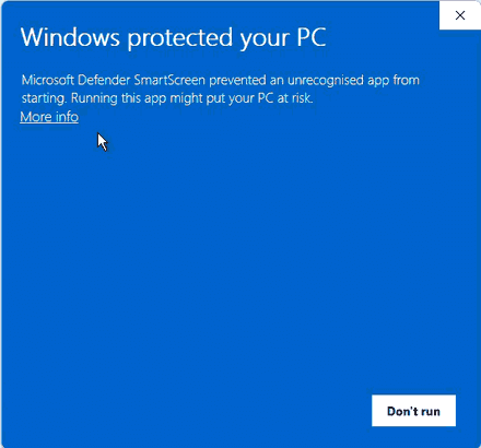 Windows SmartScreen warning: click More info, then Run anyway to install reiwrite